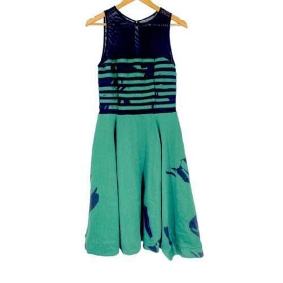 Taylor Stripe Sleeveless Illusion Neckline Fit & Flare Mini Dress Green Size 8 - Picture 1 of 10
